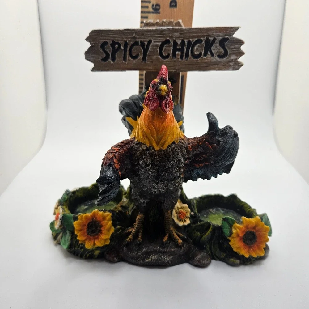 Spicy Chicks Rooster‎ Salt & Pepper Shaker Holder Farmhouse Kitchen Decor Resin